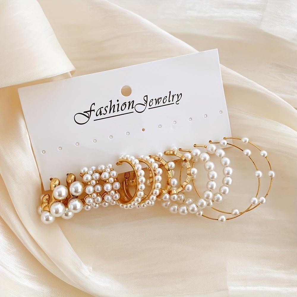 Pearl Radiance Collection: Elegant 6 Pairs Golden Hoop Earrings